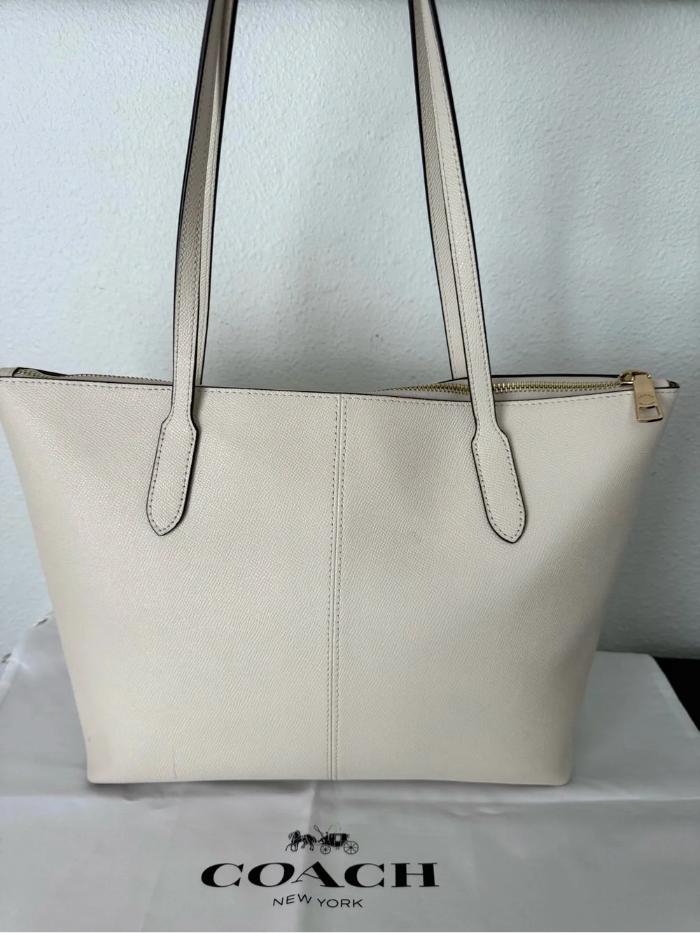 Coach Cream Leather Tote with Gold Hardware and Top Zip